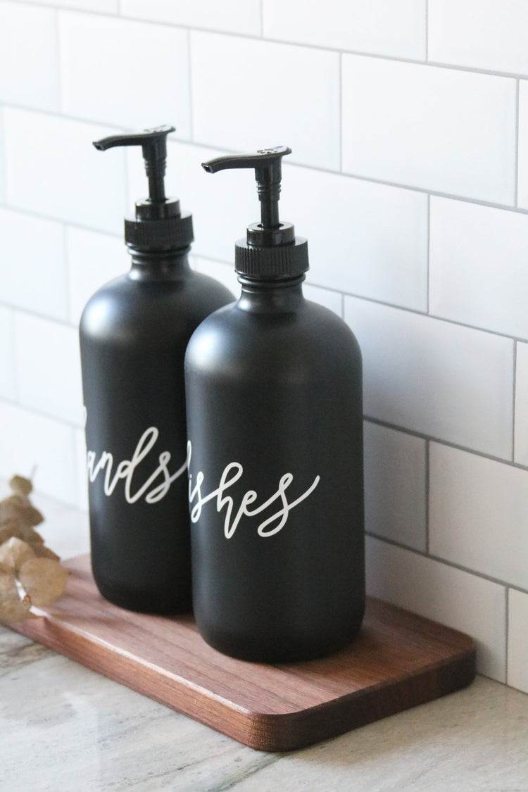 HANDS + DISHES | calligraphy black glass soap dispenser set