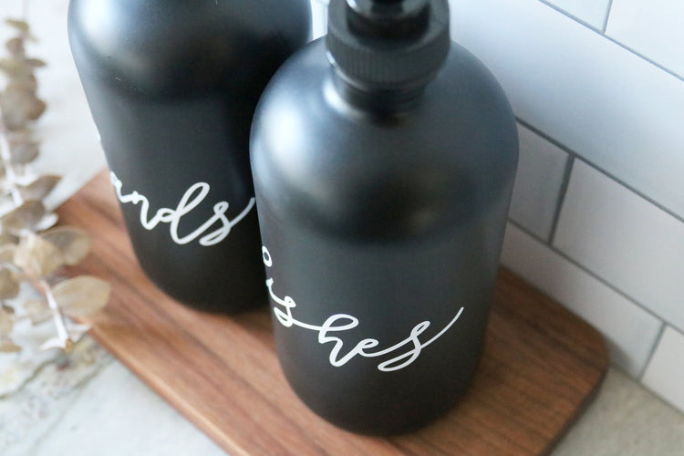 HANDS + DISHES | calligraphy black glass soap dispenser set
