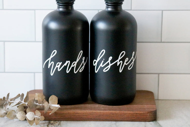 HANDS + DISHES | calligraphy black glass soap dispenser set