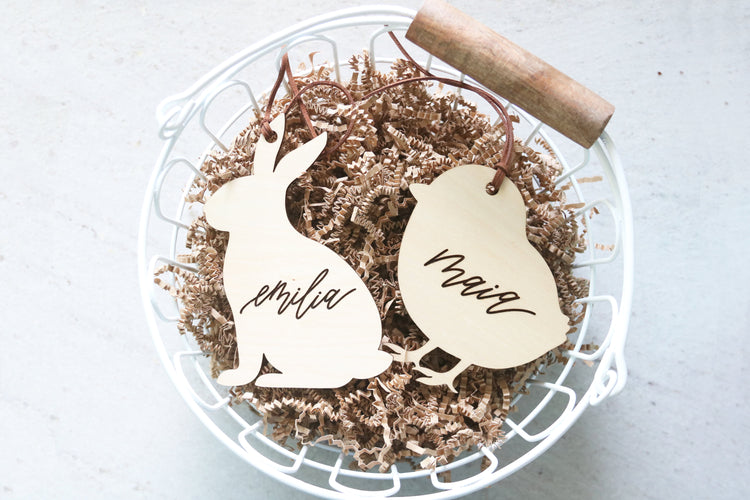 custom calligraphy wood easter basket name tag | bunny or chick