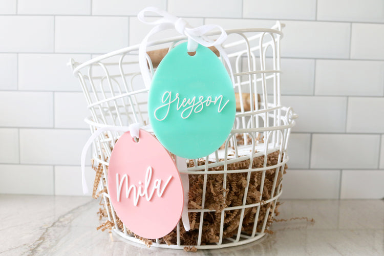 custom calligraphy egg easter basket acrylic name tag | choose your color
