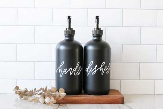 HANDS + DISHES | calligraphy black glass soap dispenser set