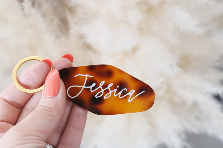 custom tortoise shell motel keychain