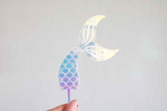 colorful iridescent mermaid tail acrylic cake or cupcake topper
