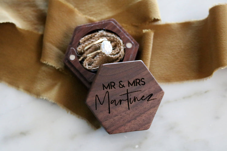 custom engraved wood wedding ring box | last name