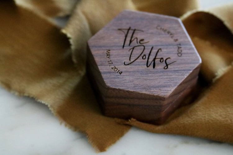 custom engraved wood wedding ring box | names + wedding date