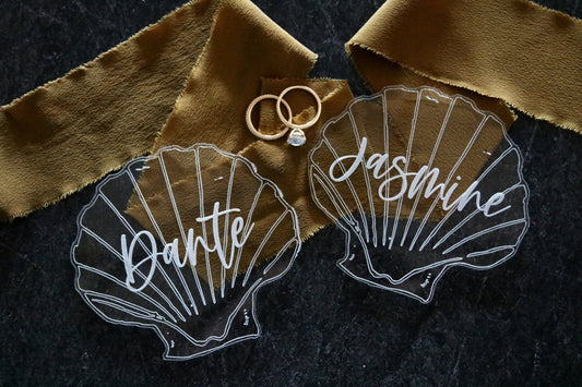 custom sea shell acrylic escort place cards