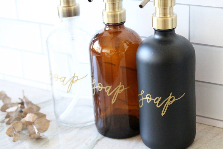 custom calligraphy glass soap dispenser with gold details