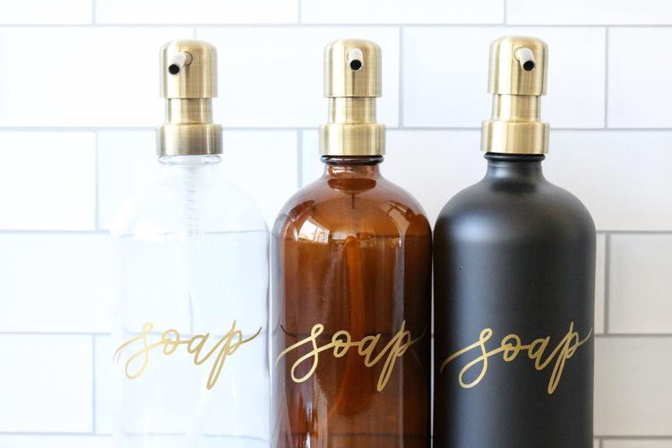 custom calligraphy glass soap dispenser with gold details