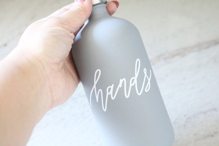 HANDS + DISHES | calligraphy grey glass soap dispenser set
