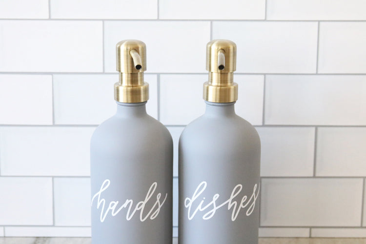 HANDS + DISHES | calligraphy grey glass soap dispenser set