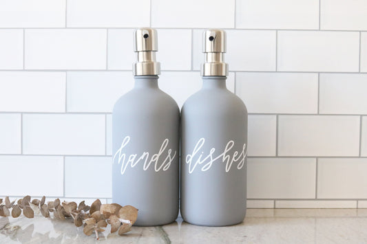 HANDS + DISHES | calligraphy grey glass soap dispenser set