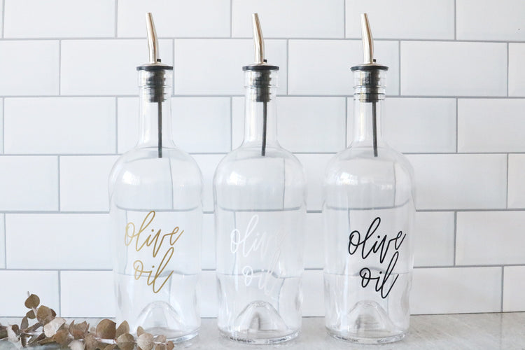 custom calligraphy clear olive oil bottle | choose your lettering