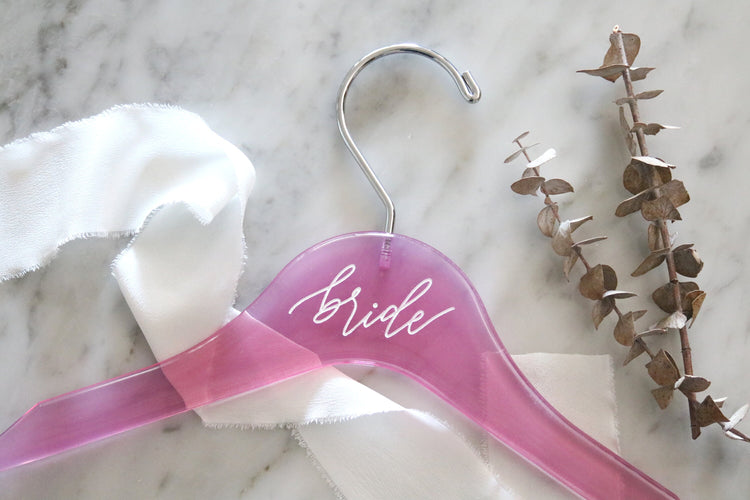 custom engraved calligraphy pink acrylic wedding hanger