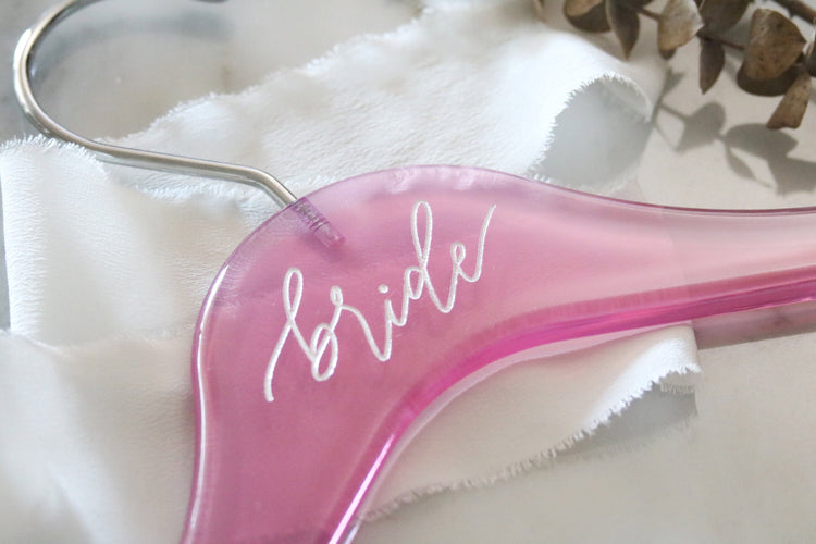 custom engraved calligraphy pink acrylic wedding hanger
