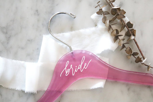 custom engraved calligraphy pink acrylic wedding hanger