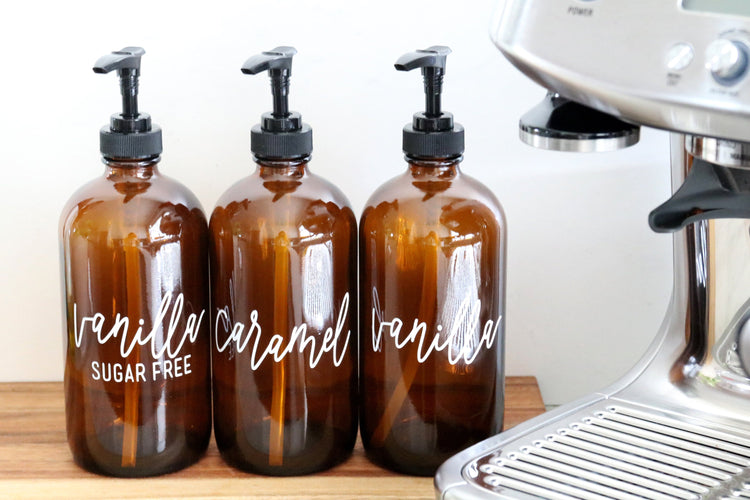 custom calligraphy amber coffee syrup bottle
