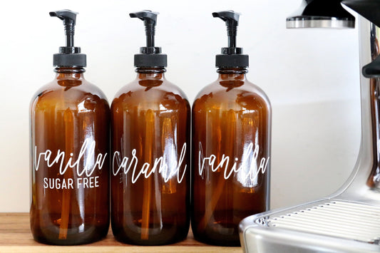 custom calligraphy amber coffee syrup bottle