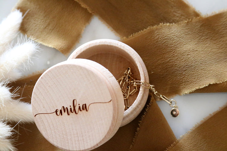 custom name round wood jewelry trinket box | personalized