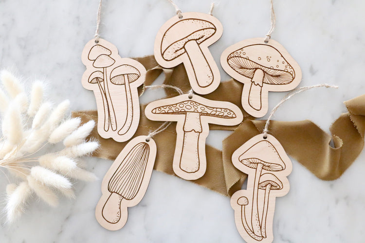 set of 6 wood mushroom christmas ornaments