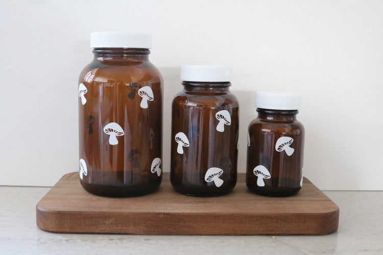 mushroom amber glass pill bottle | CHOOSE YOUR SIZE