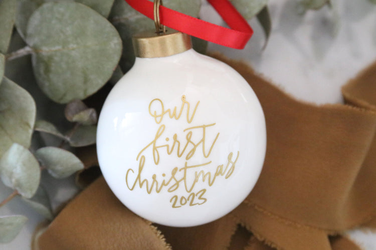 our first christmas round porcelain ornament | personalized