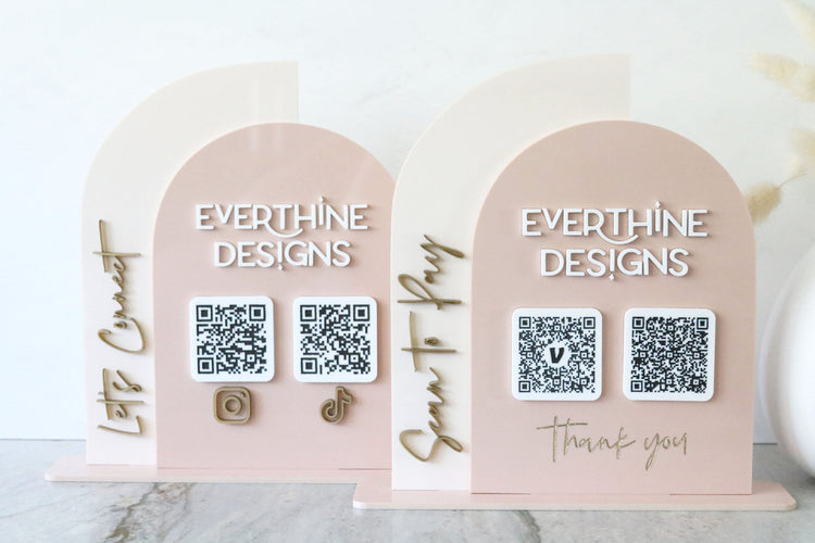acrylic double arch social media QR code business sign | small business sign | let's connect | freestanding | logo | market sign | touchless