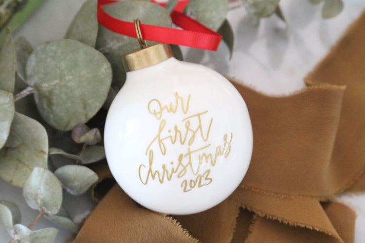 our first christmas round porcelain ornament | personalized