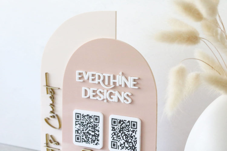 acrylic double arch social media QR code business sign | small business sign | let's connect | freestanding | logo | market sign | touchless