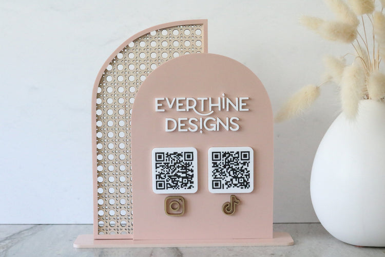 acrylic double arch rattan social media QR code business sign | small business sign | let's connect | freestanding | logo | market