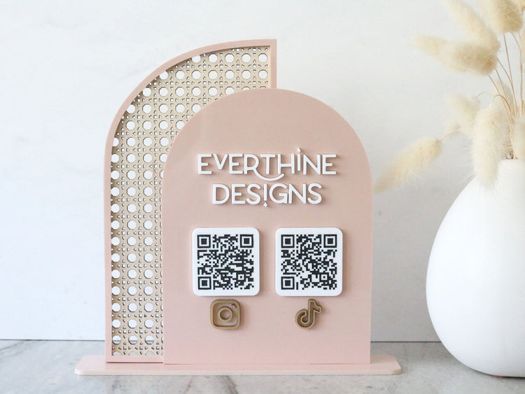 acrylic double arch rattan social media QR code business sign | small business sign | let's connect | freestanding | logo | market