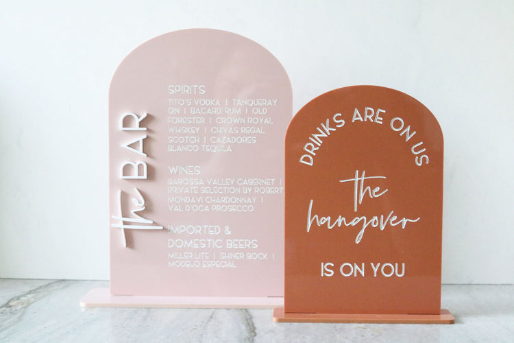 acrylic drinks are on us hangover bar sign | acrylic wedding sign | wedding decor | signature drinks | reception | bar table | bar | alcohol