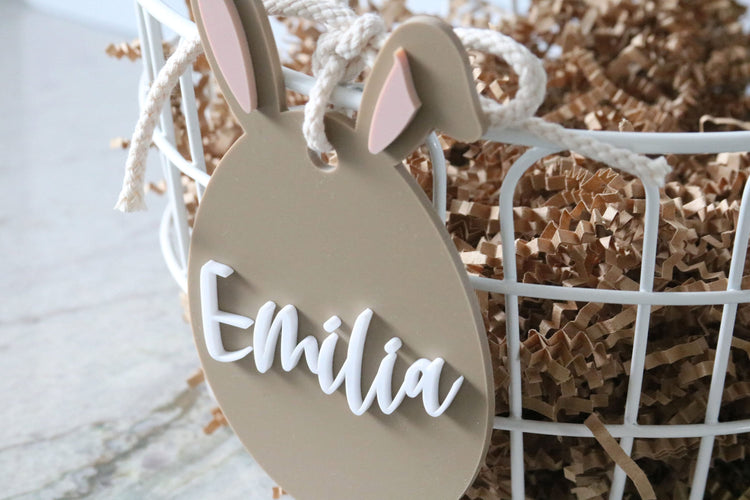 custom bunny easter basket acrylic name tag | easter basket | name tag | place card | first easter | kids basket | bunny ears | bag tag