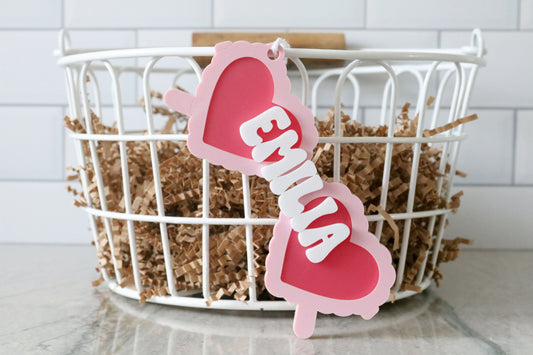 custom scalloped heart sunglasses acrylic basket name tag | valentines day | heart sunglasses | easter basket | name | holiday | basket tag
