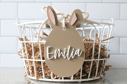 custom bunny easter basket acrylic name tag | easter basket | name tag | place card | first easter | kids basket | bunny ears | bag tag